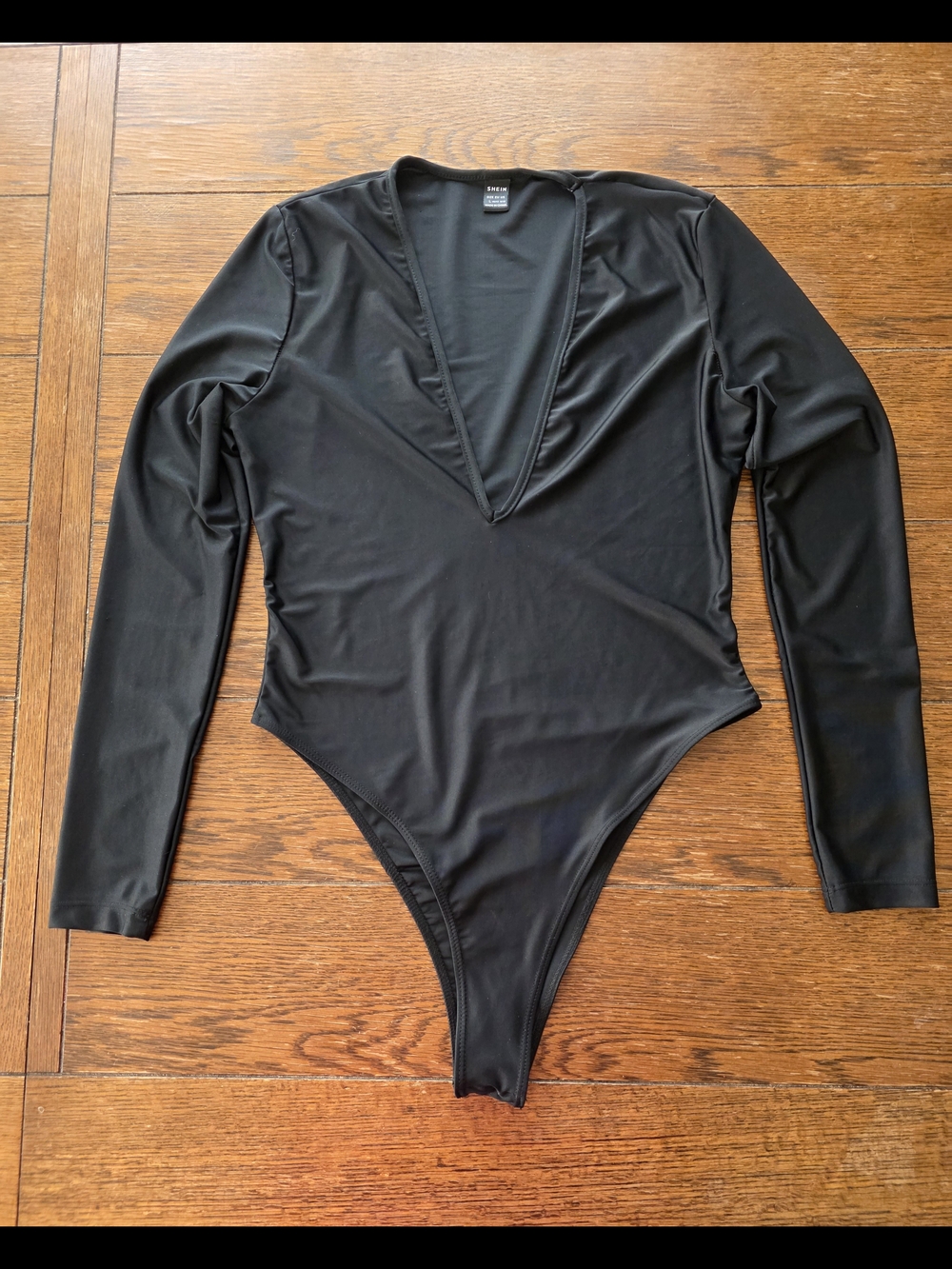 SHEIN Black Long-Sleeve V-Neck One-Piece Bodysuit, Large
